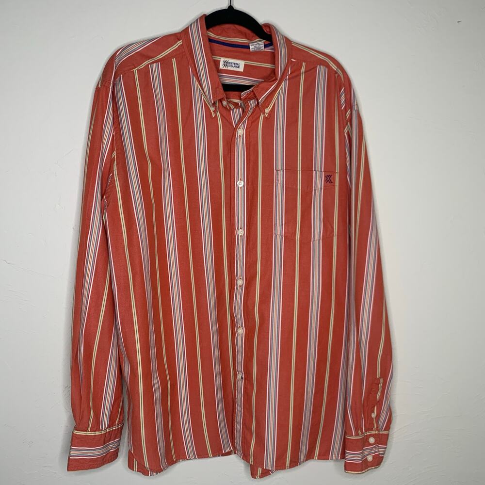 Vintage 100% Cotton Orange Navy Gold Stripe Button Up Shirt Sz XXL
